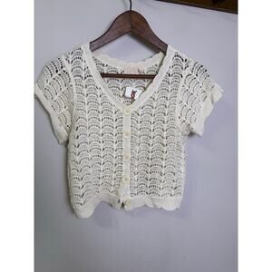 CLG White Crochet Knit Short Sleeve Button Front Cardigan Top Women’s XS NWT